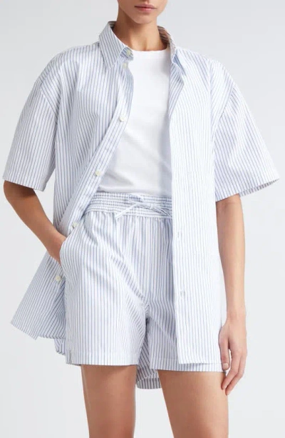 Rohe Stripe Short Sleeve Cotton Shirt In White Blue Stripe