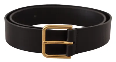Dolce & Gabbana Black Calf Leather Gold Tone Logo Metal Buckle Belt