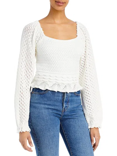 Aqua Womens Scalloped Crop Pullover Sweater In White