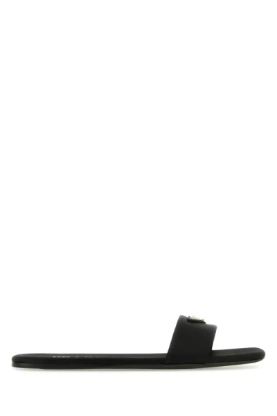 Prada Leather Logo Flat Slide Sandals In Black