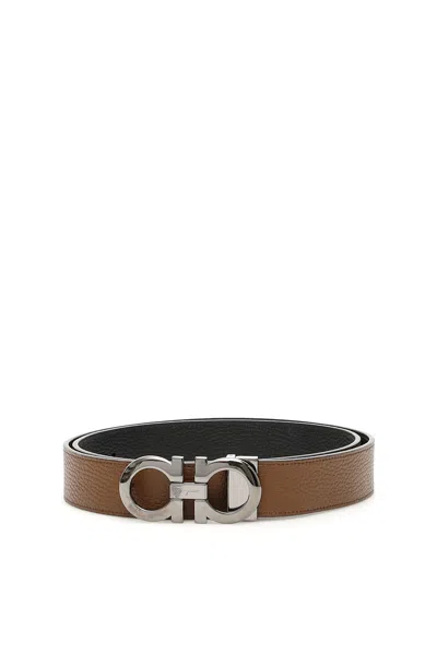 Ferragamo Double Gancio Reversible Belt In Brown,black