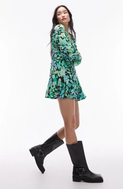 Topshop Long Sleeve Godet Mini Tea Dress In Green Floral Print