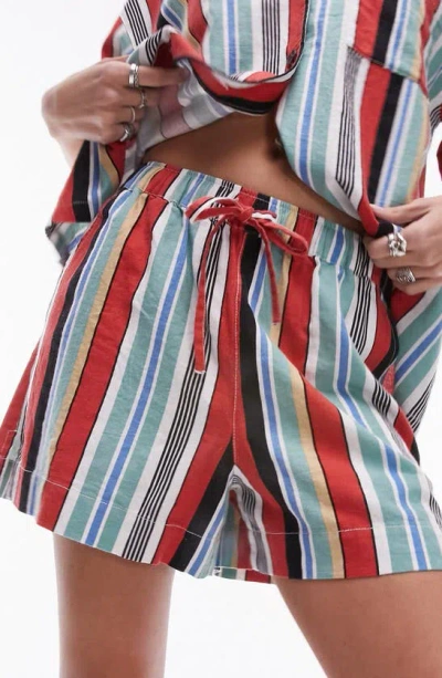 Topshop Stripe Linen Blend Drawstring Shorts In White Multi