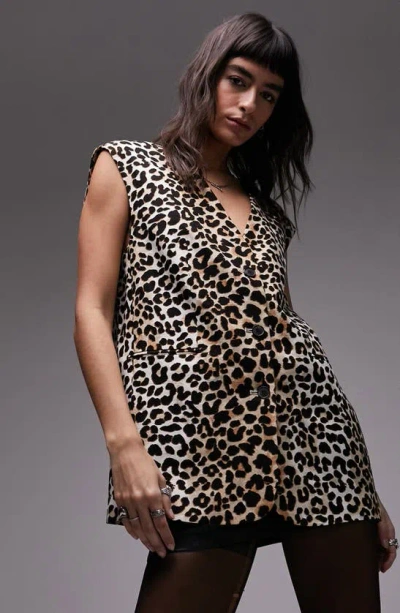 Topshop Leopard Print Linen Blend Waistcoat In Black Multi
