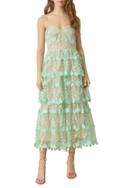 Endless Rose Floral Embroidered Tiered Lace Midi Dress In Green