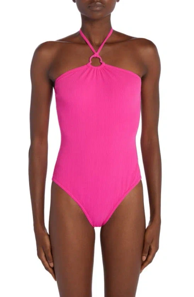 Moncler Ribbed Halter One-piece Swimsuit In Dark Pink