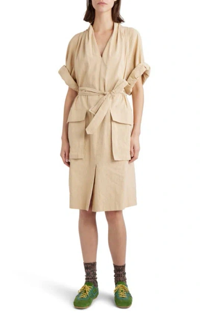 Dries Van Noten Debrasa Cargo Pocket Belted Linen & Cotton Midi Dress In Cream