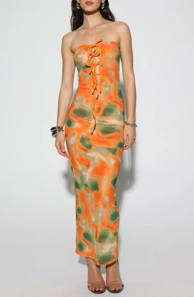 By.dyln Miami Strapless Body-con Maxi Dress In Orange Printed Mesh