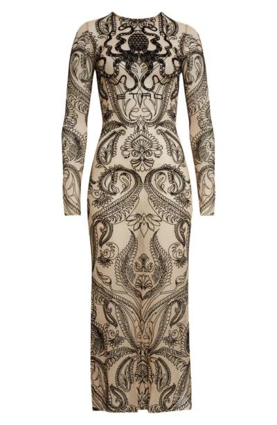 Etro Long Sleeve Flocked Tulle Midi Dress In Neutrals
