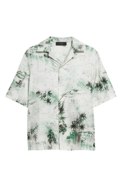 Amiri Shotgun Tropical Print Silk Camp Shirt In Mineral Green