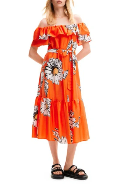 Desigual Georgeo Floral Off The Shoulder Tie Belt Midi Dress In Orange