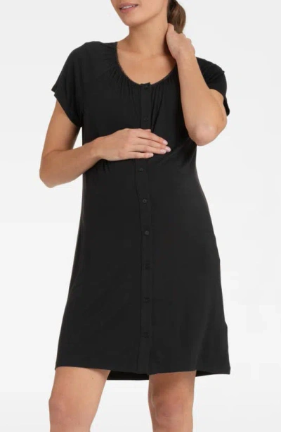 Seraphine Button-up Maternity Nightgown In Black