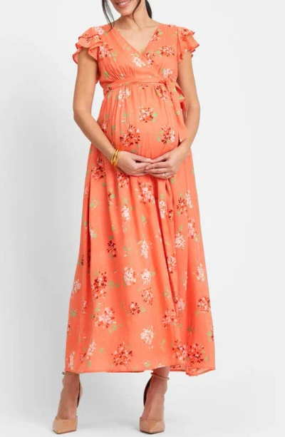 Seraphine Flutter Sleeve Faux Wrap Maternity Dress In Coral Print