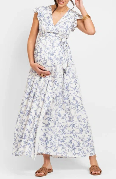 Seraphine Floral Wrap Maternity Dress In Blue Print