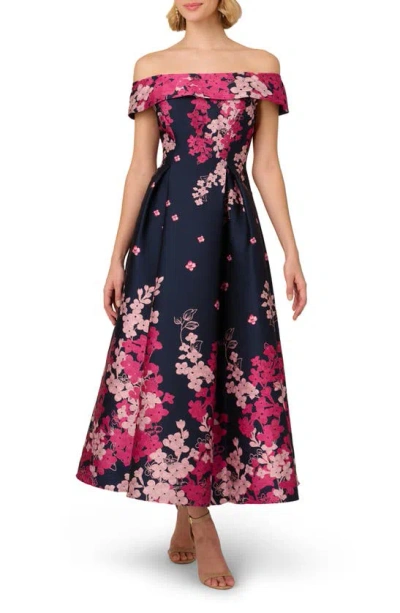 Adrianna Papell Floral Off The Shoulder Jacquard Gown In Navy Pink Multi