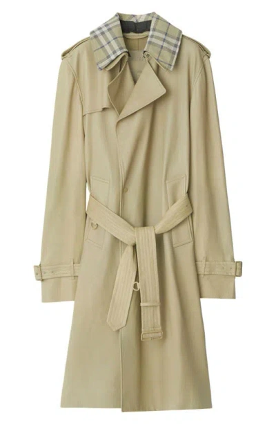 Burberry Leather Trench Coat With Check Collar In Hunter