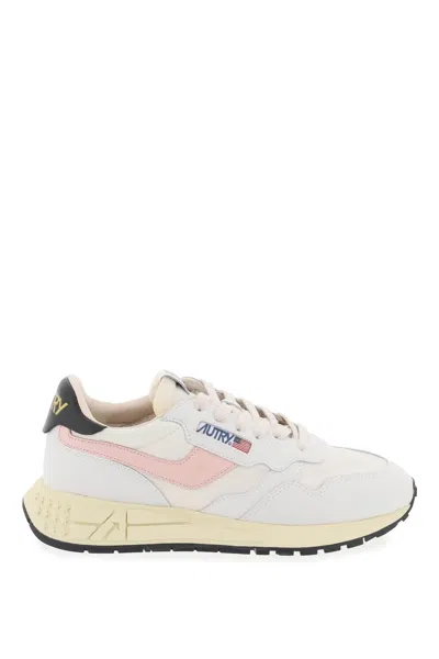 Autry Low Cut Nylon And Leather Reelwind Sneakers In White,pink,black