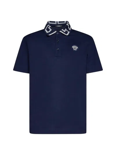 Versace Medusa Embroidered Polo Shirt In Blue