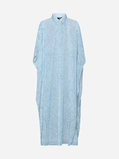 Versace Barocco Print Chiffon Swim Dressing Gown In Clear Blue