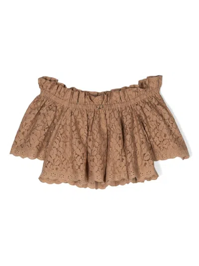 Twinset Kids' Chantilly-lace Cotton Blouse In Brown