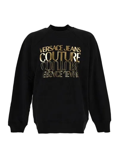 Versace Jeans Couture Metallic Logo-print Cotton Sweatshirt In Black