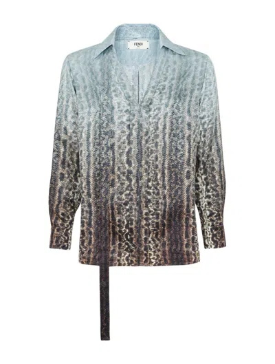 Fendi All-over Printed Sleeved Blouse In Clear Blue