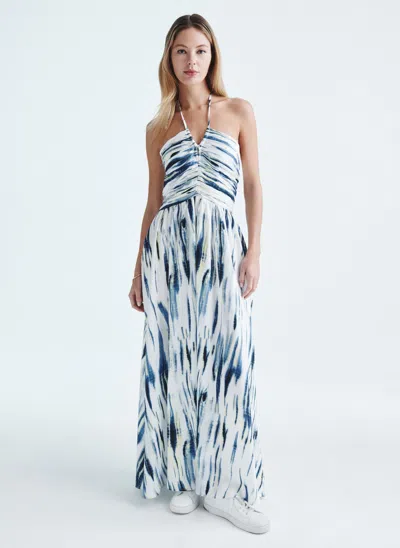 Dkny Women's Printed Ruched Halter Maxi In White/inky Blue