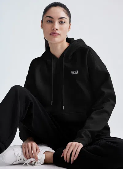 Dkny Sport Women's Metallic Logo Fleece Hoodie In Black