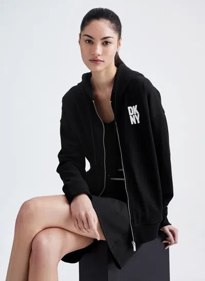 Dkny Puff Logo Full Zip Hoodie With Pockets In Black
