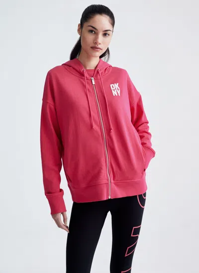 Dkny Puff Logo Full Zip Hoodie With Pockets In Pink