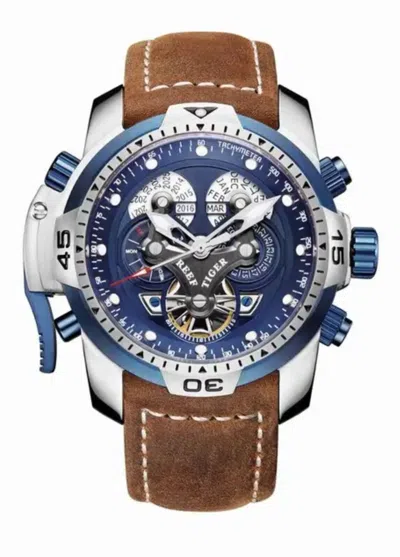 Pre-owned Reef Tiger Men's  Skeleton Automatic Mechanical Calfskin Leather Watch Wristwatch