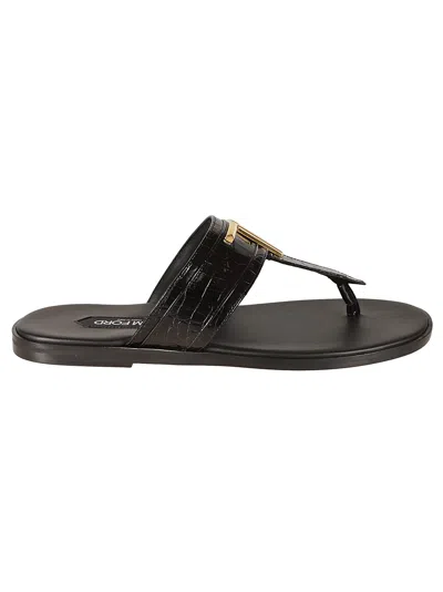 Tom Ford Croco Embossed T Plaque Sandals In Black