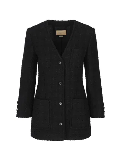 Gucci Single Breasted Tweed Jacket In Black