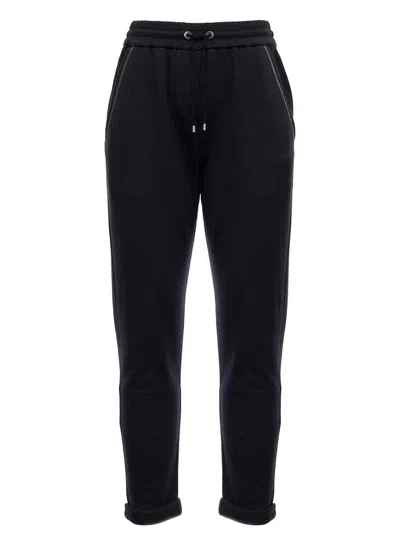 Brunello Cucinelli Black Cotton And Silk Joggers With Monile Insert