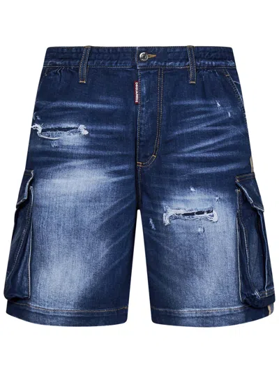 Dsquared2 Medium Ripped Knee Wash 64 Tag Shorts In Blue