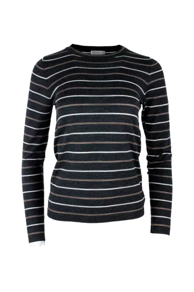 Brunello Cucinelli Striped Crewneck Sweatshirt In Grey Antracite