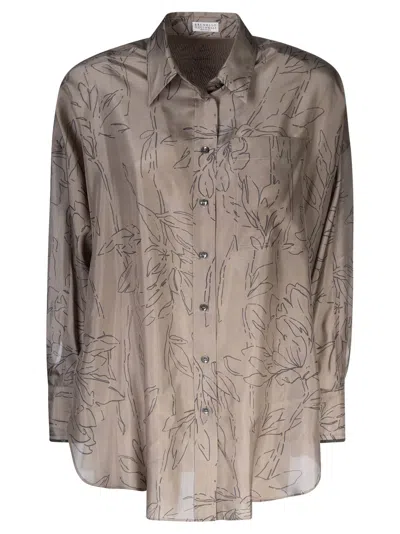 Brunello Cucinelli Loose Fit Printed Shirt In Khaki