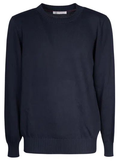 Brunello Cucinelli Rib Trim Knit Plain Sweatshirt In Navy