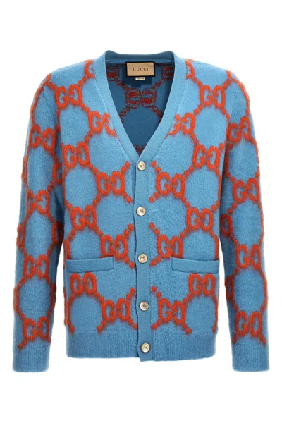 Gucci Wool Cardigan With Gg Intarsia In Blue
