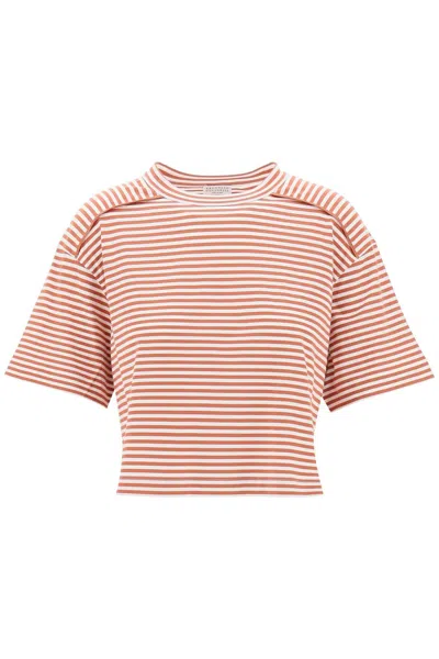 Brunello Cucinelli Striped Boxy T Shirt In Orange,white
