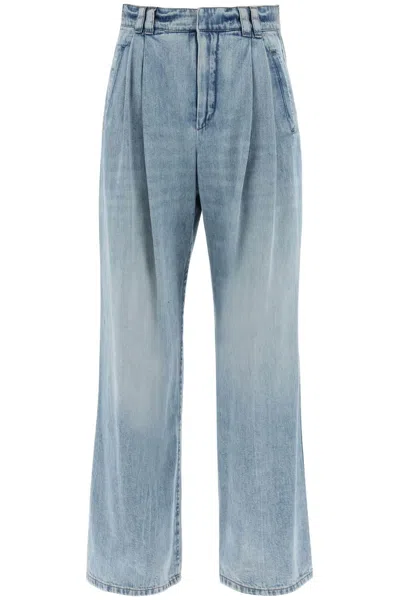 Brunello Cucinelli Wide Leg Jeans With Double Pleats In Blue