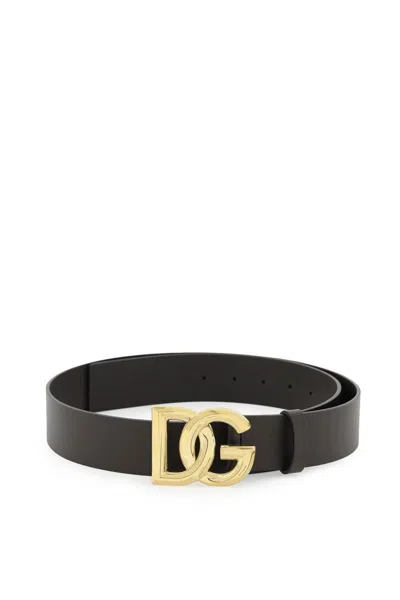 Dolce & Gabbana Lux Leather Belt With Dg Buckle Men In 黑色的