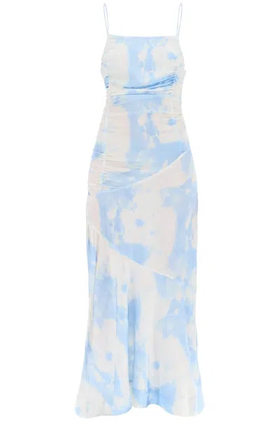 Ganni Maxi Printed Tie-dye Satin Dress With R In White,light Blue