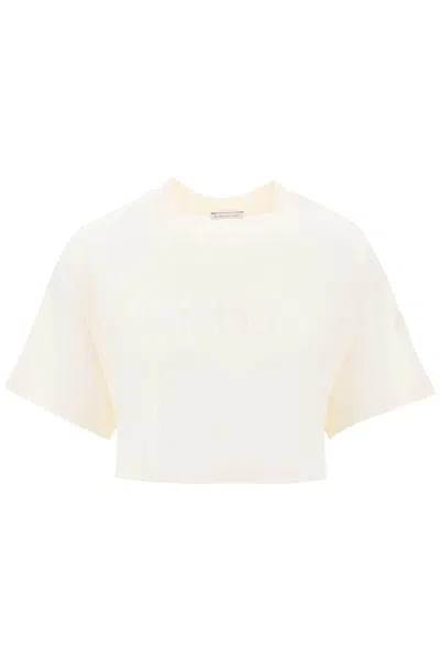Moncler Basic Cropped T-shirt With Sequin Logo Women In White,neutro