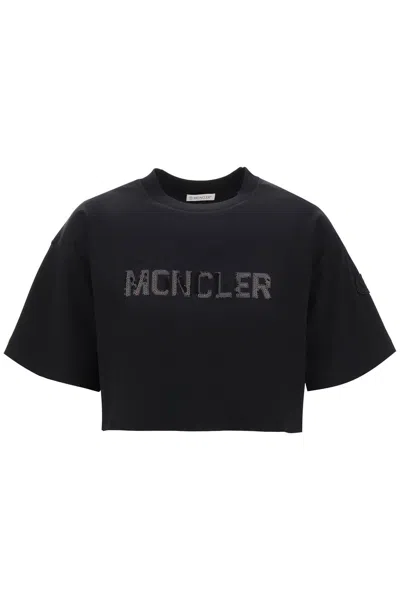 Moncler Cropped T-shirt With Sequin Logo In Black