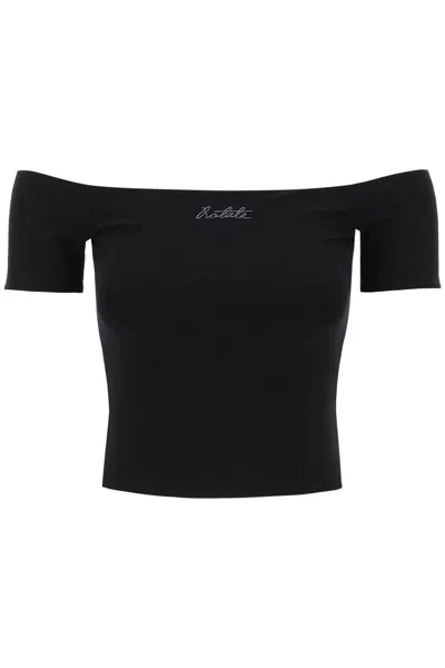 Rotate Birger Christensen Off-shoulder T-shirt With Embroidered Lure In Black