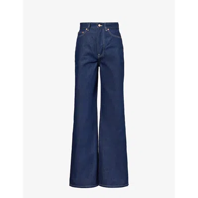 Jean Paul Gaultier Embroidered High-rise Wide-leg Jeans In Indigo