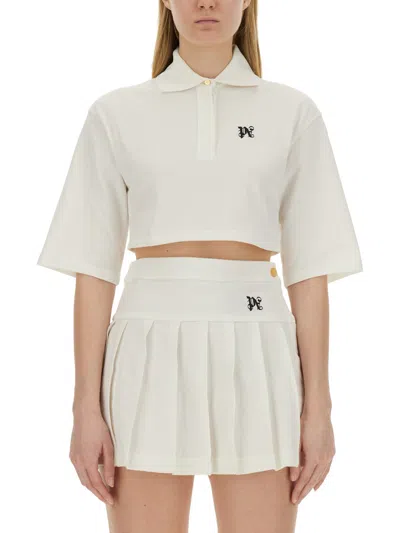 Palm Angels Monogram Cropped Polo Shirt In Bianco