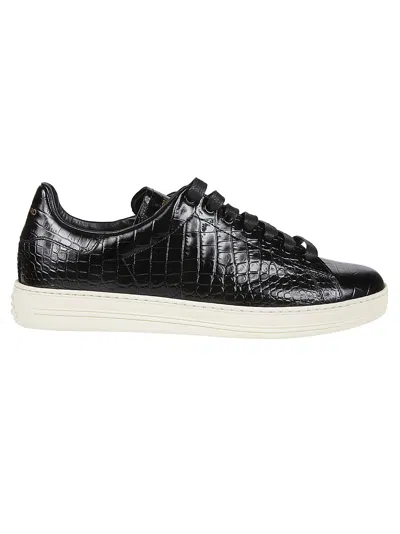 Tom Ford Warwick Crocodile-effect Low Top Trainers In Black/cream