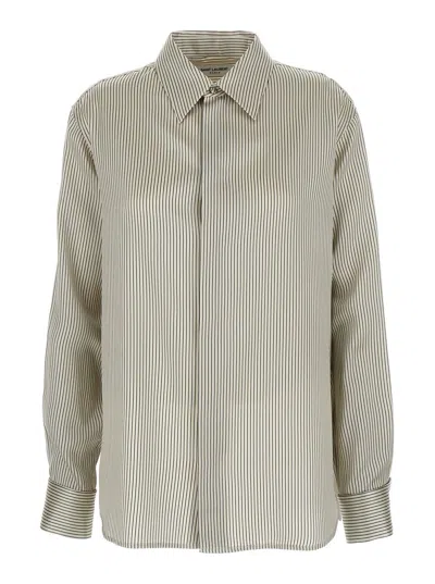 Saint Laurent Striped Silk Satin Shirt In Grey